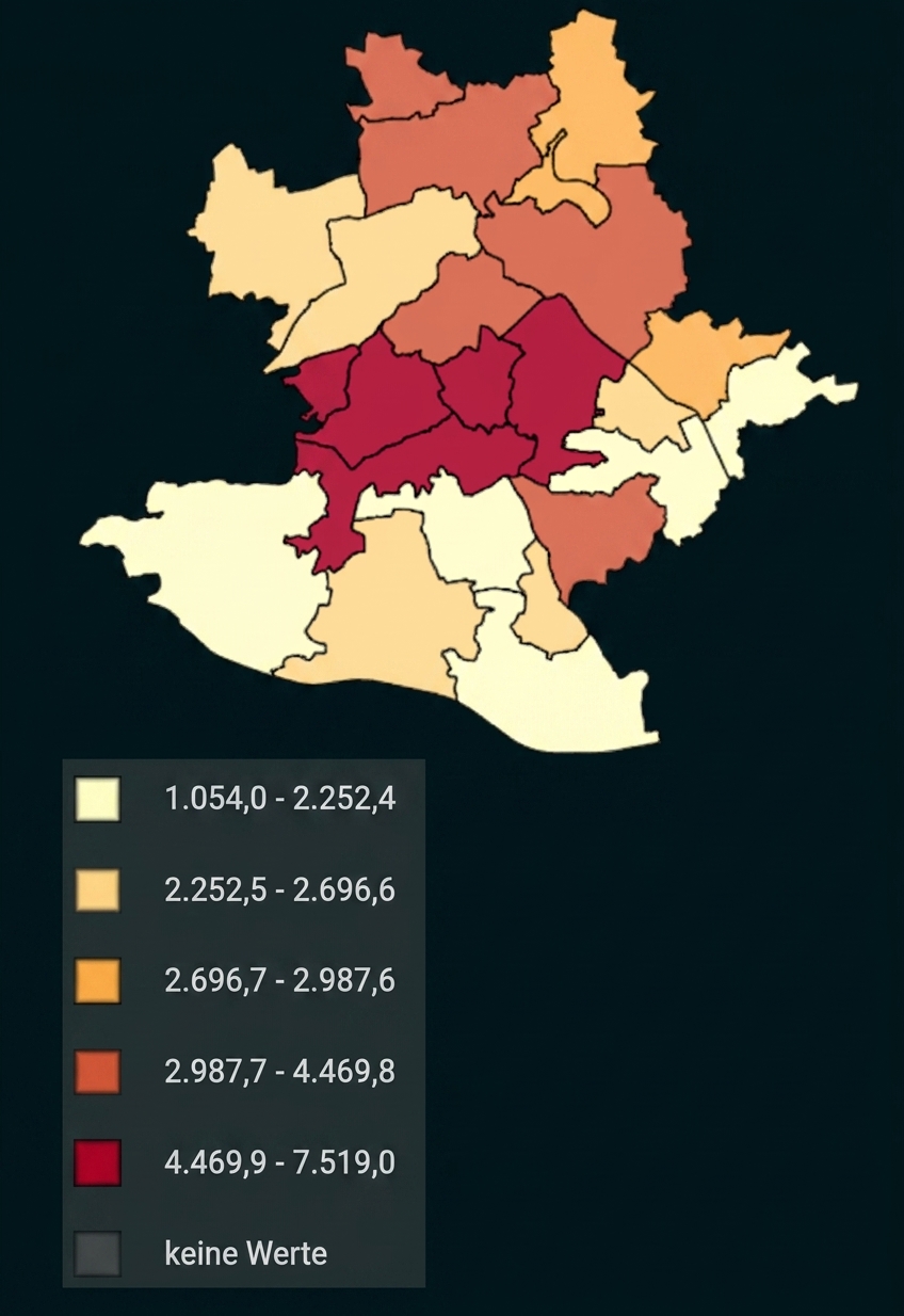 Karte mit farblich markierten Regionen und Legende zu unterschiedlichen Wertbereichen.